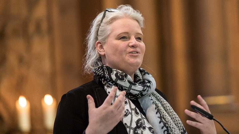 Katharina Zweig discussing AI ethics and technology responsibility at a data science event in Hamburg 2026.